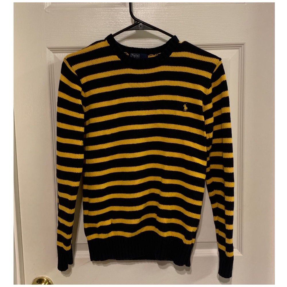 Navy and yellow striped polo knit sweater